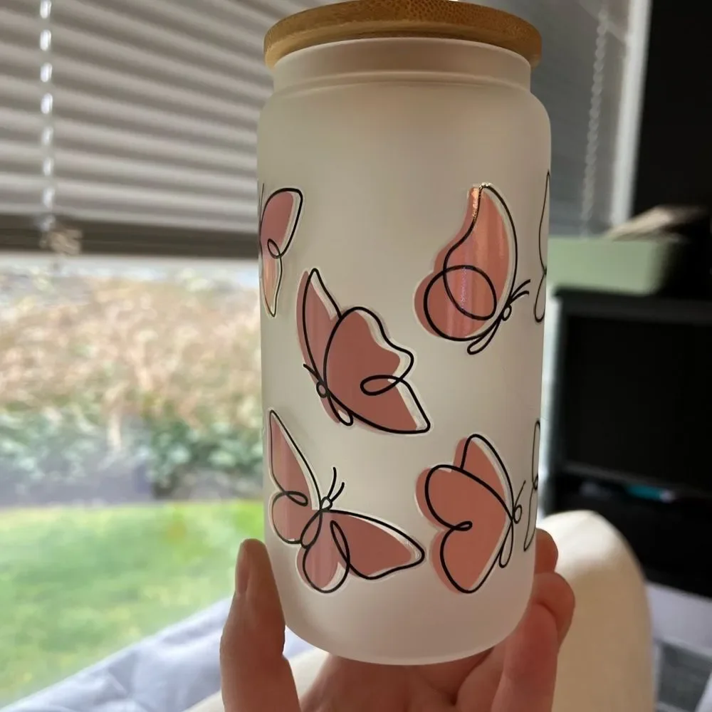 Butterfly Frosted Glass Cup with Bamboo Lid‎ NEW 16 oz
